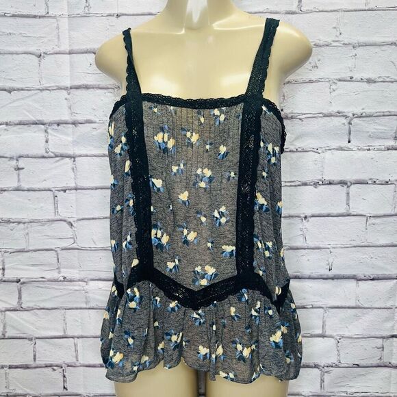 Free People Women's Black Floral Print Lace Overlay Tank Top Size XS - Picture 1 of 10